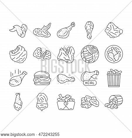 Chicken Crispy Food Meat Meal Icons Set Vector. Fast Delicious, Wing Fried, Snack Crunchy, Leg Cooke