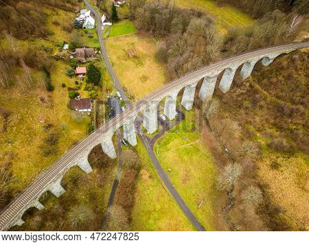 Aerial View Of A Stone Viaduct Spanning Over A Valley. Novina, Krystofovo Udoli, Czech Republic