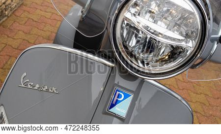 Bordeaux , Aquitaine  France - 03 05 2023 : Vespa Text Sign And Brand Logo On Front Of Grey Gts 300 
