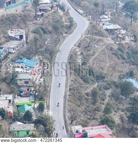 Aerial Top View Of Traffic Vehicles Driving At Mountains Roads At Nainital, Uttarakhand, India, View