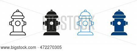 Fire Hydrant Silhouette And Line Icon Set. Fire Extinguishing Hydrant Black And Color Sign Collectio