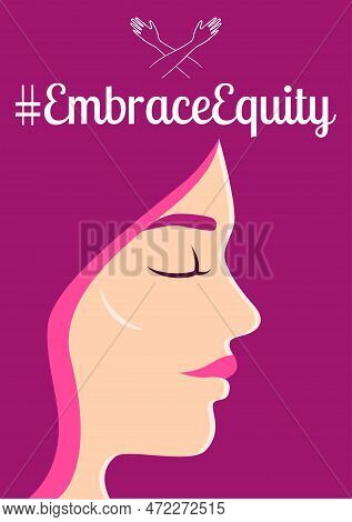 Embrace Equity Poster With Purple Woman In A Profile View, Character Hugging Herself. Embrace Equity