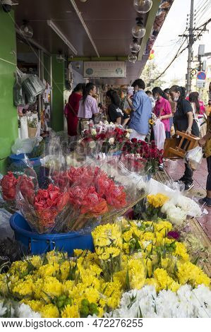 Bangkok, Thailand- 14 Feb, 2023: Flowers Sold In The Flower Market Pak Klong Thalat In Bangkok. It I