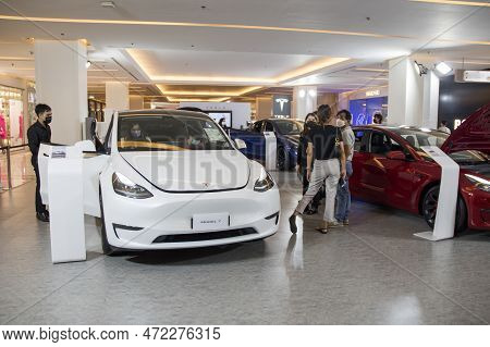 Bangkok, Thailand- 15 Feb, 2023: Tesla Electric Cars Display On The Showroom In The Shopping Mall, B