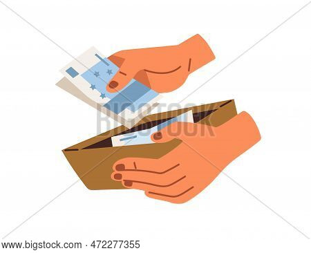 Hand Taking Cash Money From Open Wallet. Holding Purse, Paying With Euro Currency Bank Notes, Financ