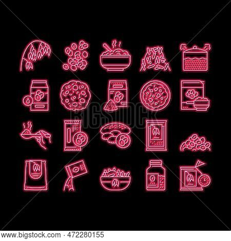 Oatmeal Nutrition Neon Light Sign Vector. Oat And Flour Bag, Cookies And Milk, Bar And Oatmeal Porri