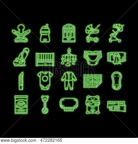 Baby Shop Selling Tool Neon Light Sign Vector. Baby Diaper And Sterilizer Bottles Device, Newborn Ed