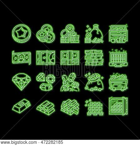 Currency Video Games Neon Light Sign Vector. Playing Money Banknotes And Coin Steak, Gambling Gaming