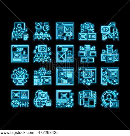 Programmatic Advertising Service Neon Light Sign Vector. Audience Programmatic Advertising And Analy