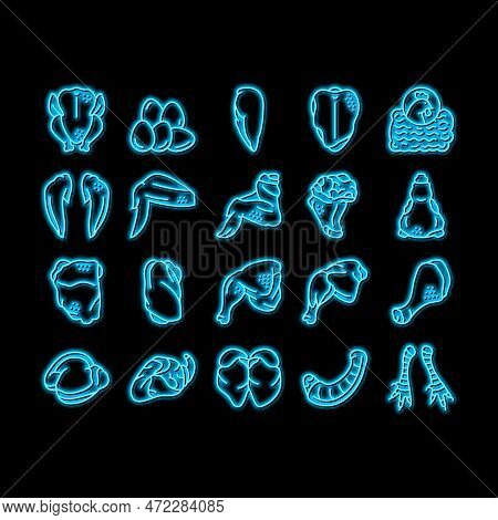 Chicken Animal Farm Raw Meat Food Neon Light Sign Vector. Chicken Leg Quarter And Feet, Neck And Bac