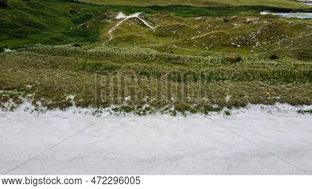 White Sandy Beach, Hilly Terrain. Thickets Of Marram Grass. European Beachgrass