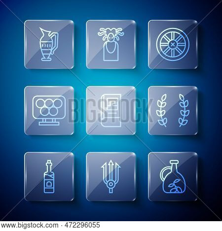 Set Line Bottle Of Wine, Neptune Trident, Olive Oil, Old Wooden Wheel, Greek History Book, Olympic R