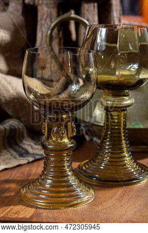 Empty Antique German Glassware, Old Dutch Style Rummer Or Roemer Glasses