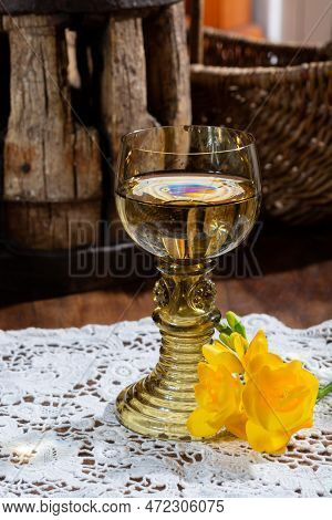 Antique German Glassware, Old Dutch Style Rummer Or Roemer Glasses With White Wine On White Lace Tab