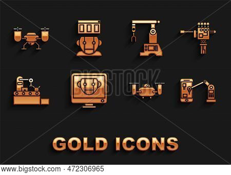 Set Bot, Mechanical Robot Hand And Screwdriver, Industrial Machine Robotic Arm, Drone Flying With Ac