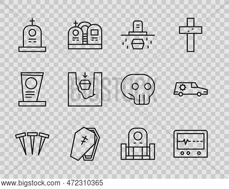 Set Line Metallic Nails, Beat Dead In Monitor, Grave With Coffin, Coffin Cross, Tombstone, Grave, An