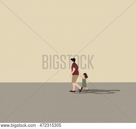 Happy Father And Little Girl Walking On Street In Summer Park. Happy Family Spend Time Together. Fat