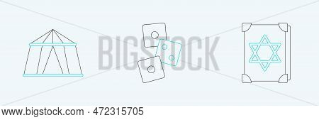 Set Line Ancient Magic Book, Circus Tent And Game Dice Icon. Vector