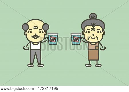 Senior Man And Woman Are Holding Denture Or False Teeth In Water Glass - Dental Cartoon Vector Flat 