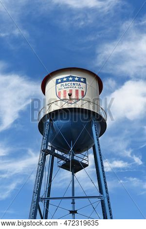 Placentia, California - 8 Mar 2023: Placentia Water Tower, Erected In 1935 The Landmark Rises Over T