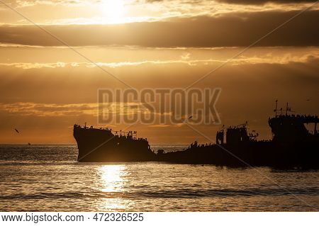 Silhoutte Of The Ss Palo Alto Near Sunset, An Old World War Ii Shipwreck Off The Coast Of Aptos, Cal