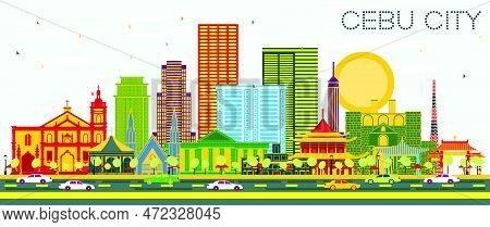Cebu City Philippines Skyline With Color Buildings And Blue Sky. Vector Illustration. Business Trave