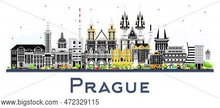 Prague Czech Republic City Skyline With Color Buildings Isolated On White. Vector Illustration. Busi
