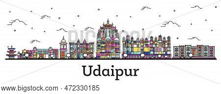Outline Udaipur India City Skyline With Color Buildings Isolated On White. Vector Illustration. Udai