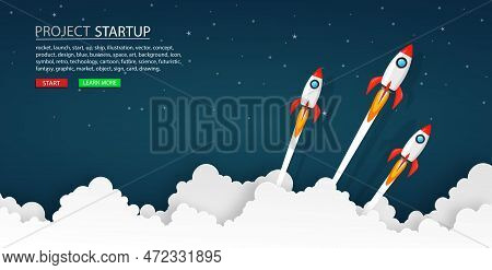 Rockets Launch Into The Night Sky With Text ,label, Stars And Clouds On Background. Business Or Star