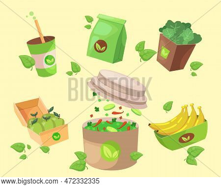 Food Products In Eco-friendly Packages Vector Illustrations Set. Green Packaging For Drinks, Fruit A