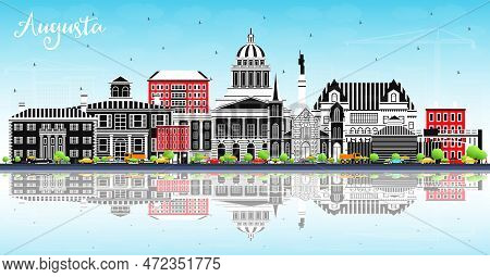 Augusta Maine City Skyline With Color Buildings, Blue Sky And Reflections. Vector Illustration. Busi