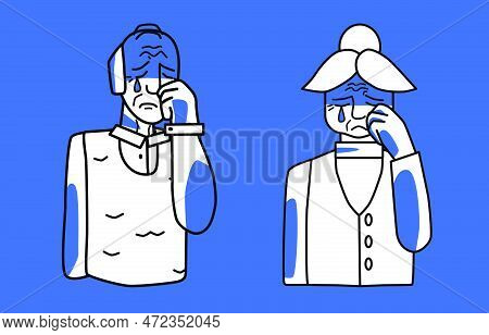 Sad Elderly Man And Woman, Blue And White, Pensioners In Sorrow With Tears. Melancholy Of Grandfathe