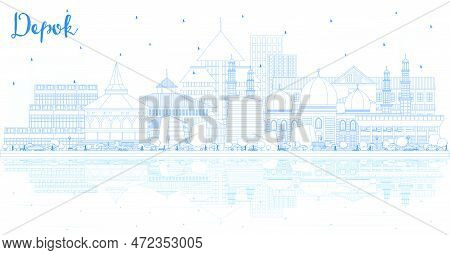 Outline Depok Indonesia City Skyline With Blue Buildings And Reflections. Vector Illustration. Busin
