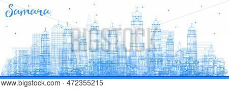 Outline Samara Russia City Skyline With Blue Buildings. Vector Illustration. Business Travel And Tou