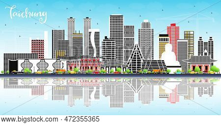 Taichung Taiwan City Skyline With Gray Buildings, Blue Sky And Reflections. Vector Illustration. Tra