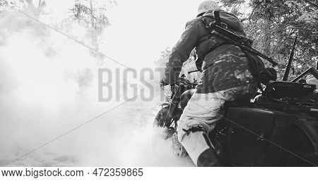 Re-enactors Dressed As World War Ii German Wehrmacht Infantry Soldiers Driving Old Tricar, Three-whe