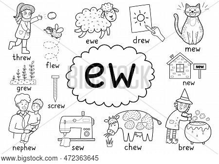 -ew- Digraph Spelling Rule Black And White Educational Poster For Kids With Words