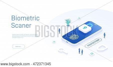 Biometric Scaner Landing Page Template. Password Access To Personal Data By Scanning Fingerprint. Di