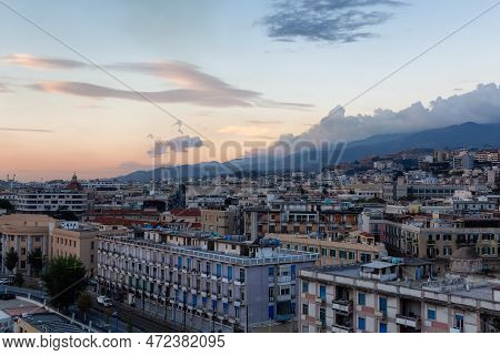 Homes And Apartment Buildings In A Touristic City Messina, Sicilia, Italy. Cloudy Sunrise Sky. Aeria