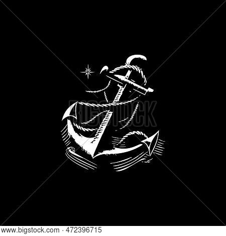 Anchor Dotwork Tattoo With Dots Shading, Depth Illusion, Tippling Tattoo. Hand Drawing White Emblem 