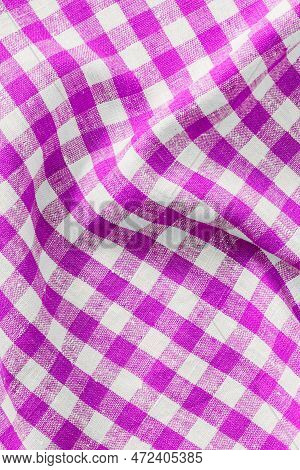 Crumpled Fabric Breakfast Magenta Print Scottish Square Cloth. Gingham Pattern Tartan Checked Plaids