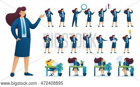 Set Of Businesswoman. Presentation In Various In Various Poses And Actions. 2d Flat Character Vector