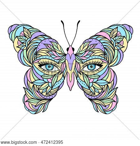 Butterfly With Female Eyes. Hand Drawn Illustration On White Background.