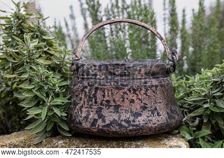 An Old Copper Cauldron Or Caldron With A Handle Large Pot Used During Pulling Of The Silk Filament A