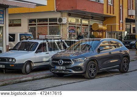 Side; Turkey -  February 09 2023:   Silver Mercedes-benz Gla   Parked On The Street On A Warm  Day