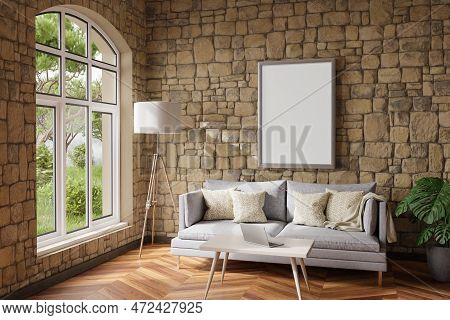 Cozy Living Room Interior In Room Corner; Sunlight Shining Trough Window; Floorlamp And Couch Table 