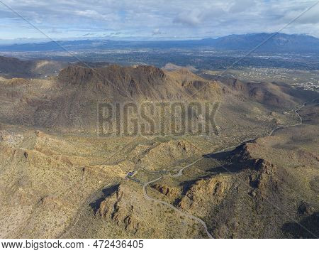 Bushmaster Peak And Gates Pass Road Aerial View In Tucson Mountains With Sonoran Desert Landscape Fr