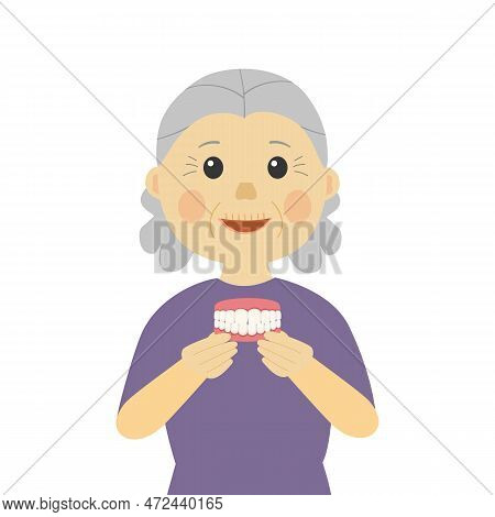 Senior Woman Holding False Teeth In Flat Design On White Background.