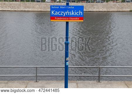 Wroclaw, Poland - May 11, 2018: The Boulevard Of Maria And Lech Kaczynski In Wroclaw, Poland. Street