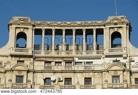 Bucharest, Romania - February 20, 2023: Adriatica-Trieste Palace, also known as First Adriatica Block, built approx. 1930 by the plans of architect Paul Smarandescu, collaboration with Petre Antonescu